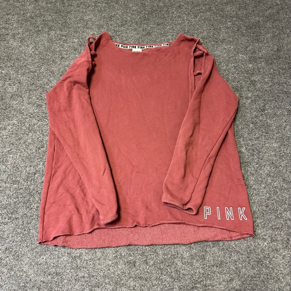 Pink Sweatshirt Womens Size M Red Shoulder Cutout Raw Hem Relaxed Logo Pullover